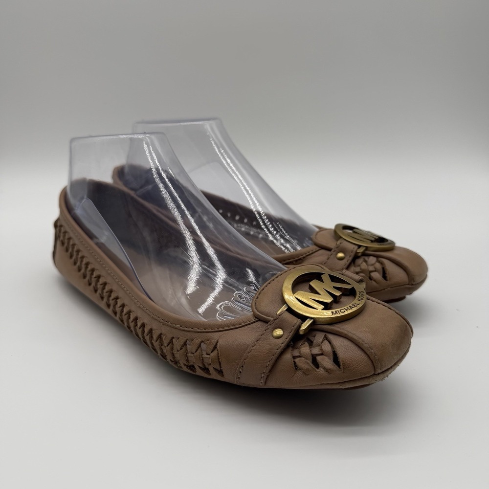 Michael Kors Women's Fulton Braided Leather Ballet Flats Tan Gold MK Logo Size 8